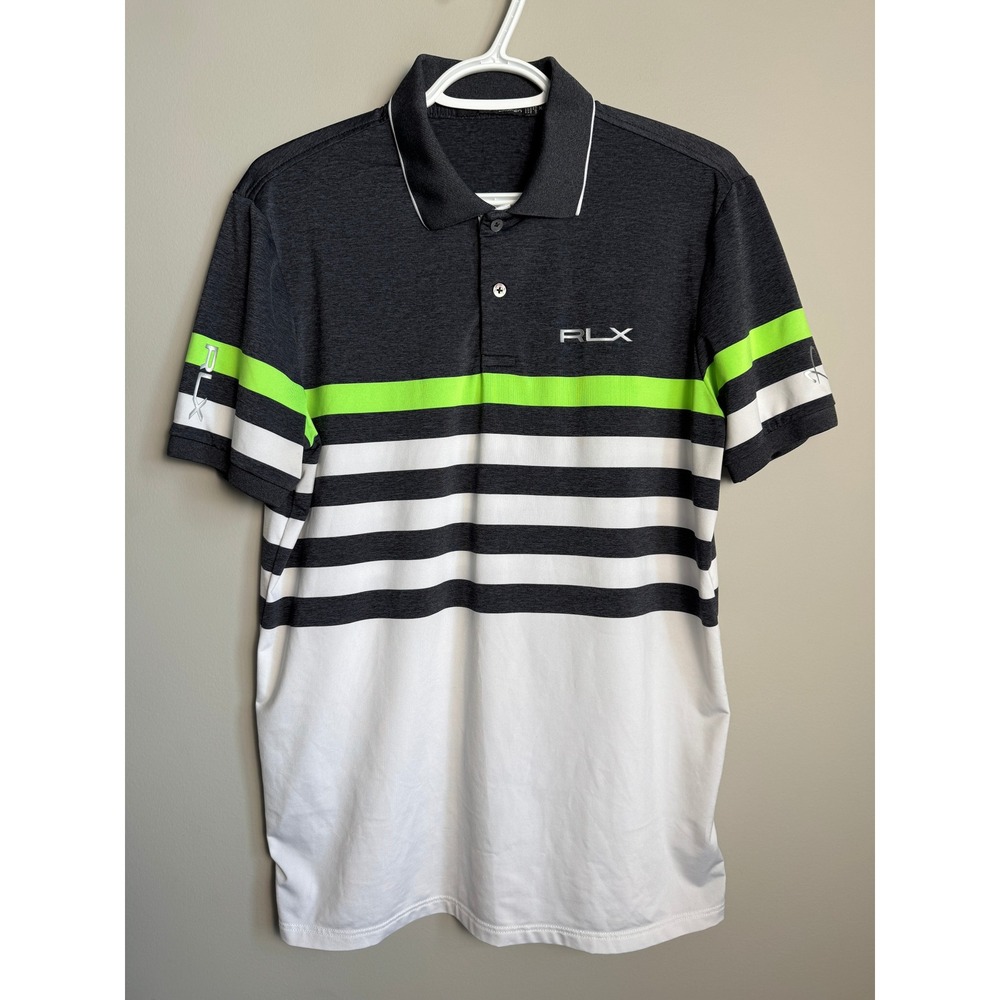 RLX Ralph Lauren Striped Performance Polo Shirt Medium Golf Sporty Preppy Active